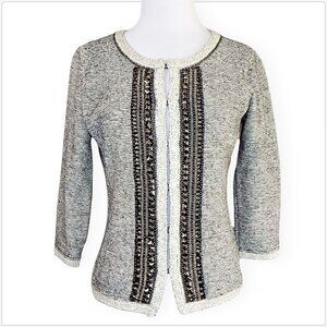MM Couture Miss Me Black Ivory Mottled 3/4 Sleeve Beaded Cardigan Sweater M